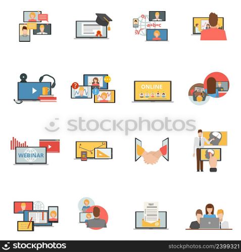 Web conferences meetings and seminars flat icons collection of online webinars trainings participants abstract isolated vector illustration. Web collaboration webinar flat icons set