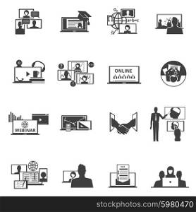 Web conferencing webinar black icons set. Web collaboration events with distant participants black icons set with training seminar test abstract isolated vector illustration