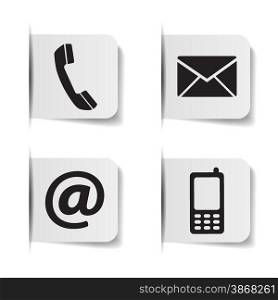 Web contact us black icons with telephone, email, mobile phone and at symbol on paper labels with shadow effects EPS 10 vector illustration isolated on white background.