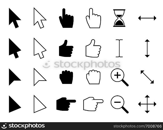 Web cursors. Digital hand finger pointers, choosing computer mouse click and arrows vector black and white icons. Web cursors. Digital hand finger pointers, choosing computer mouse click and arrows vector black icons