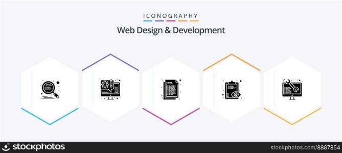 Web Design And Development 25 Glyph icon pack including clipboard. overview. eye. web