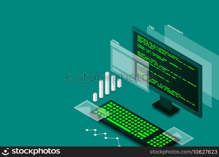 Web design and development, computer programming, isometric technology, programming work, web programming, vector isometric illustration.