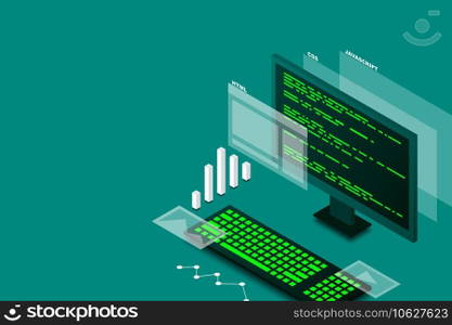 Web design and development, computer programming, isometric technology, programming work, web programming, vector isometric illustration.