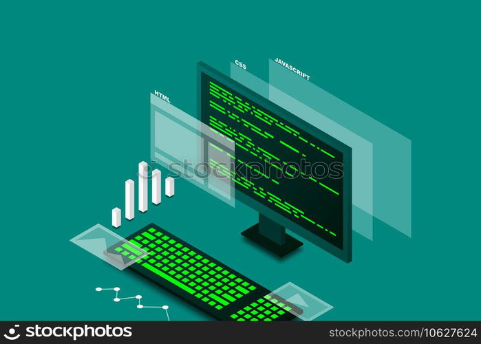 Web design and development, computer programming, isometric technology, programming work, web programming, vector isometric illustration.