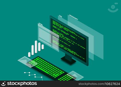 Web design and development, computer programming, isometric technology, programming work, web programming, vector isometric illustration.