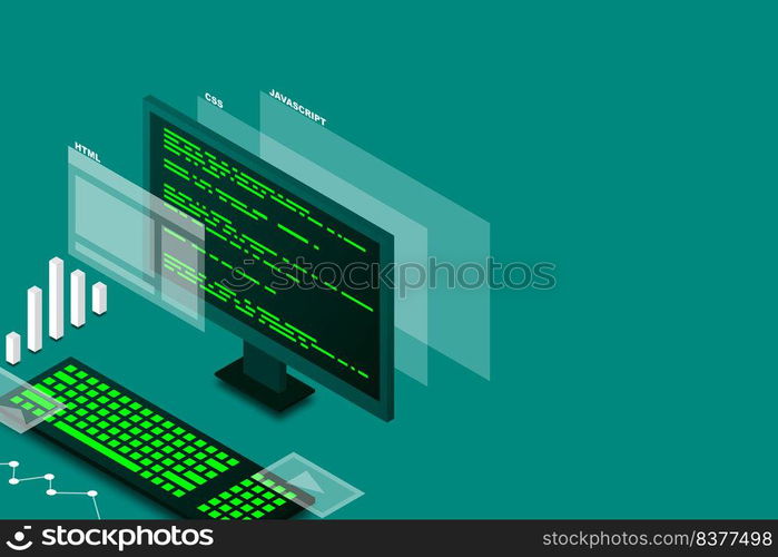 Web design and development, computer programming, isometric technology, programming work, web programming, vector isometric illustration.