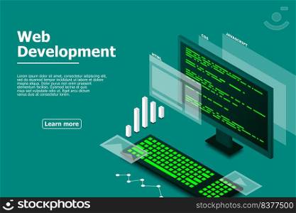 Web design and development, computer programming, isometric technology, programming work, web programming, vector isometric illustration.