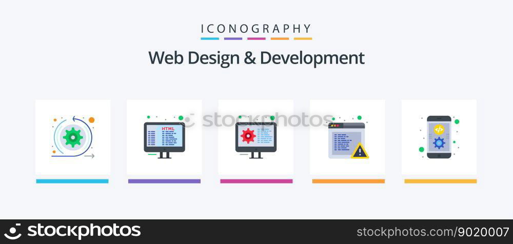 Web Design And Development Flat 5 Icon Pack Including development. app. coding. error. alert. Creative Icons Design