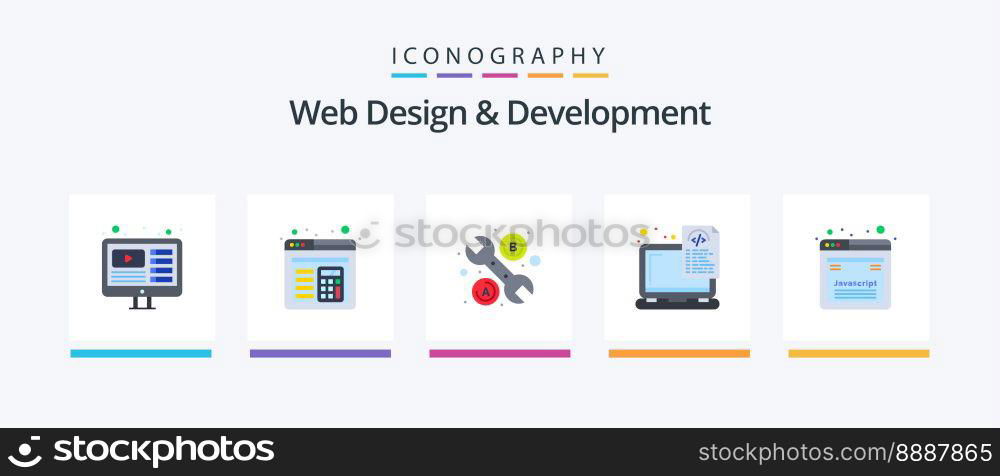 Web Design And Development Flat 5 Icon Pack Including javascript. design. tool. coding. files. Creative Icons Design