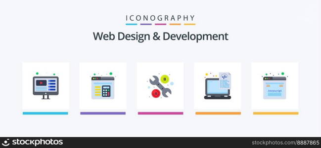 Web Design And Development Flat 5 Icon Pack Including javascript. design. tool. coding. files. Creative Icons Design