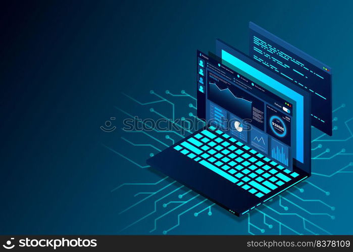 Web design and development vector isometric illustrations. web design development concept programming language program code big data processing on laptop screen. Vector illustration