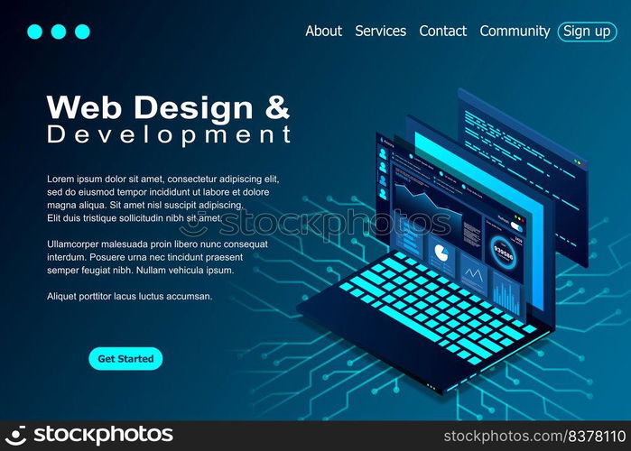 Web design and development vector isometric illustrations. web design development concept programming language program code big data processing on laptop screen. Vector illustration