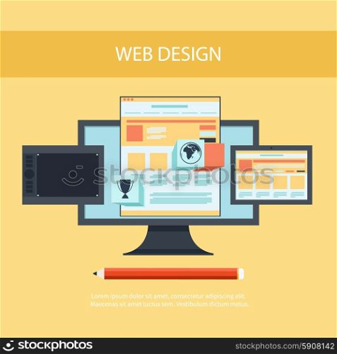 Web design concept. Computer monitor with the screen of the program for design and architecture in flat design. Set for web and mobile applications of web design