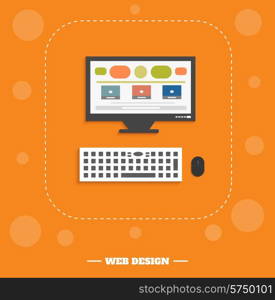 Web design concept. Computer on orange background