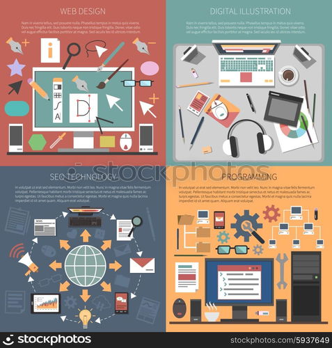 Web Design Concept. Web design concept set with with seo technology programming flat icons isolated vector illustration