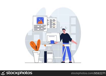 Web design concept with character scene. Man creating layouts and working with code, making optimization. People situation in flat design. Vector illustration for social media marketing material.