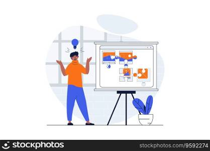 Web design concept with character scene. Man creating online page layouts and placing elements using platform. People situation in flat design. Vector illustration for social media marketing material.