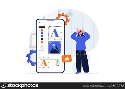 Web design concept with character scene. Woman creating mobile layouts, drawing graphic elements with tools. People situation in flat design. Vector illustration for social media marketing material.