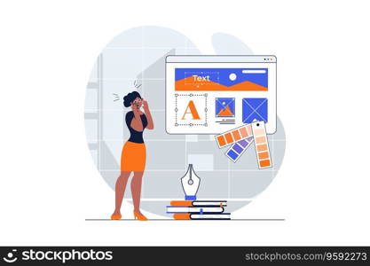Web design concept with character scene. Woman creating page layouts with elements, research colours palettes. People situation in flat design. Vector illustration for social media marketing material.