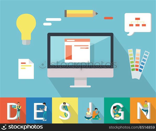 Web design conceptual vector. Flat style. Set of instruments for visual design. Monitor, color guide, pencil, bulb, users with devices illustrations. Icons for designing process. Color matching. Web Design Conceptual Vector in Flat Style. Web Design Conceptual Vector in Flat Style