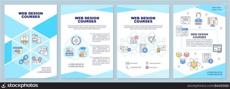 Web design courses cyan brochure template. Programming skill. Leaflet design with linear icons. Editable 4 vector layouts for presentation, annual reports. Arial-Black, Myriad Pro-Regular fonts used. Web design courses cyan brochure template