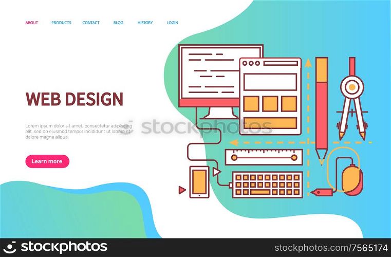 Web design decorated by monitors, computer mice and keyboard. Gadget and internet connection, blue color of interface, flat device icons vector. Website template, landing page in flat style. Web Design Page Decorated by Device Icons Vector