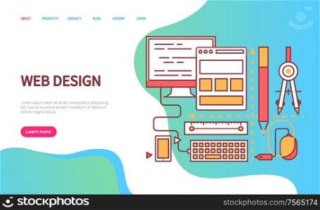 Web design decorated by monitors, computer mice and keyboard. Gadget and internet connection, blue color of interface, flat device icons vector. Website template, landing page in flat style. Web Design Page Decorated by Device Icons Vector