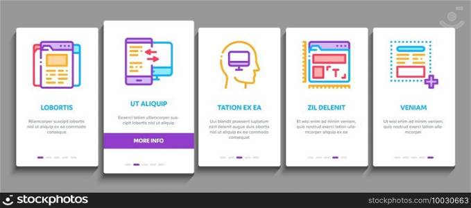 Web Design Development Onboarding Mobile App Page Screen Vector. Creative Web Design Studio Tool And Settings, Error Message And Filtering Data Illustrations. Web Design Development Onboarding Elements Icons Set Vector
