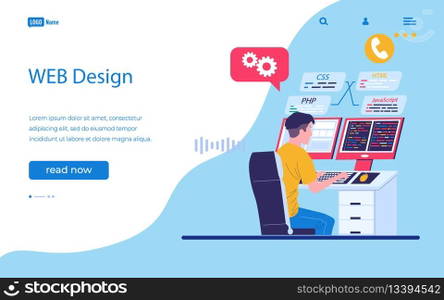 Web design landing page. Developer programming software. Man working at computer. Backend java coder. Professional engineer creating internet service digital program. Vector website interface template. Web design landing page. Developer programming software. Man working at computer. Backend java coder. Professional engineer creating internet service. Vector website interface template