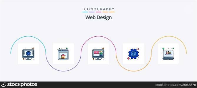 Web Design Line Filled Flat 5 Icon Pack Including graphic. settings. online. globe. cog
