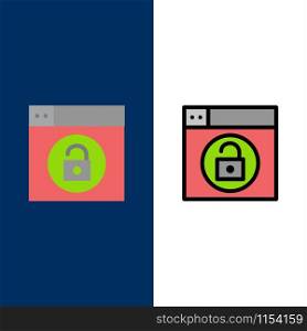 Web, Design, Lock, Unlock Icons. Flat and Line Filled Icon Set Vector Blue Background