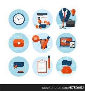 Web design objects, business, office and marketing items icons.