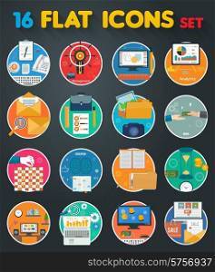 Web design objects, strategy, business, office and marketing items icons. Set of 16 business item icons in flat design style
