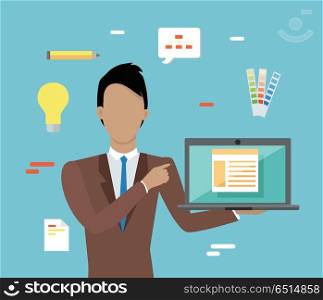 Web Design, SEO Infographic Concept. Web design, SEO infographic concept. Man in brown business suit and tie with laptop on blue background with communication and design pictograms. Website development project, SEO process information