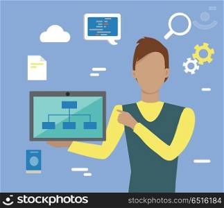 Web Design, SEO Infographic Concept. Web design, SEO infographic concept. Man in yellow blue sweater with laptop on blue background with communication and design pictograms. Website development project, SEO process information
