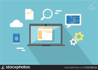 Web Design, SEO Infographic Concept. Web design, SEO infographic concept. Gray laptop on blue background with communication and design pictograms around. Website development project, SEO process information, website design process