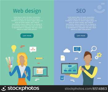 Web Design, SEO Infographic Set. Web design, SEO infographic concept set. Man and woman with laptop presents new web design on background with communication and design icons. Website development project, SEO process information.