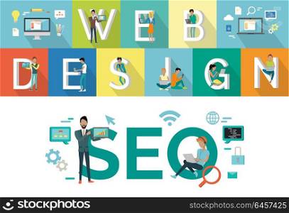Web Design, SEO Vector Concept Flat Style Design.. Web design, SEO vector concept. Flat design. Human characters with computers and mobile devices working for content search engine optimization and designin sites. Internet tehnologies.