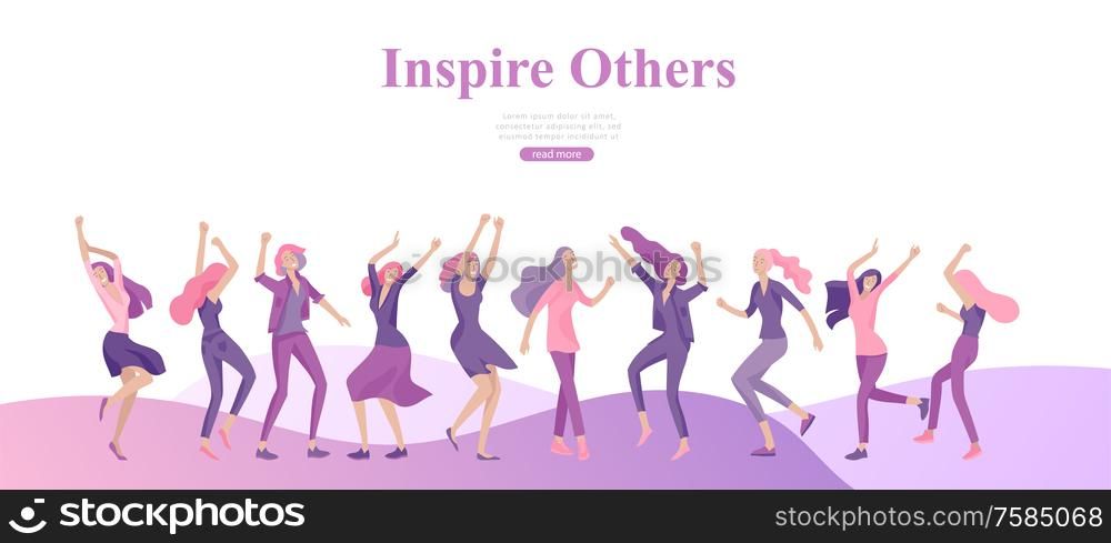 Web design template with Happy Woman dansing, for beauty, dreams motivation, International Womens Day, feminism concept, girls power and woman rights, vector illustration for website. Web design template with Happy Woman dansing, for beauty, dreams motivation, International Womens Day, feminism concept, girls power and woman rights, vector illustration