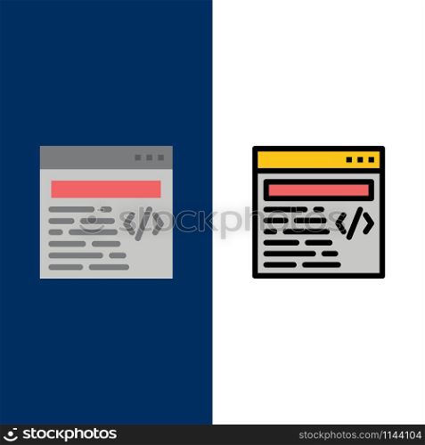 Web, Design, Text Icons. Flat and Line Filled Icon Set Vector Blue Background