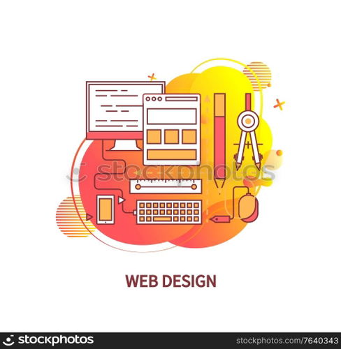 Web design vector, computer and application for visual imagery creation vector, flat style screen and tools for new images, creative working process. Web Design, Tools and Instruments for Creativity