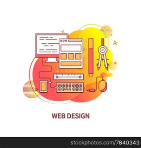 Web design vector, computer and application for visual imagery creation vector, flat style screen and tools for new images, creative working process. Web Design, Tools and Instruments for Creativity