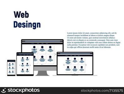 Web Design. Website template for monitor, laptop, tablet, phone. Elements for mobile and web applications. User Interface UI and User Experience UX content organization. landing page, banner.