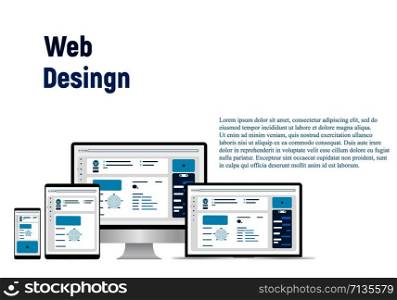Web Design. Website template for monitor, laptop, tablet, phone. Elements for mobile and web applications. User Interface UI and User Experience UX content organization. landing page, banner.