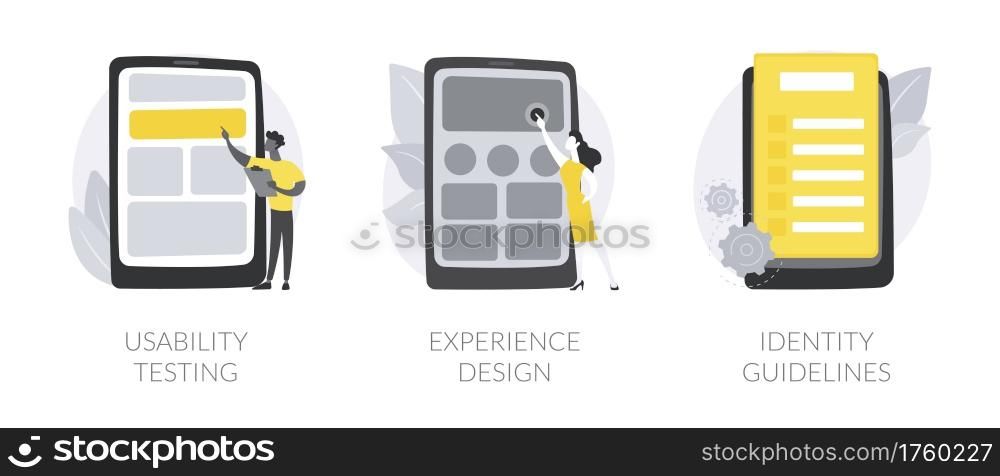 Web designer services abstract concept vector illustration set. Usability testing, experience design, identity guidelines, user experience test, UX and UI element, corporate ID abstract metaphor.. Web designer services abstract concept vector illustrations.