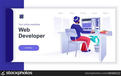 Web developer concept 3d isometric web banner with people scene. Man works at computer and develops website layout and optimizes page. Vector illustration for landing page and web template design