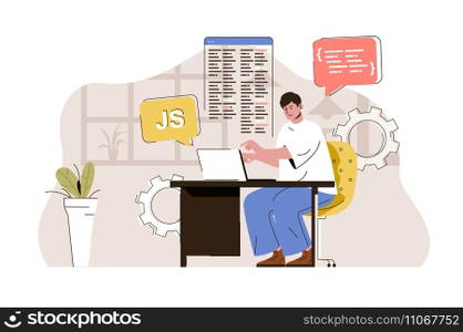 Web developer concept. Designer develops site, writes code, creates layout situation. Online page development people scene. Vector illustration with flat character design for website and mobile site