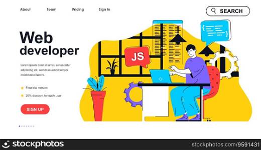 Web developer concept for landing page template. Designer develops site layout and writes code. Online page development people scene. Vector illustration with flat character design for web banner