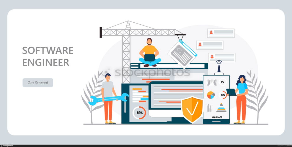 Web developer concept vector for landing page. Programmer constructs website using crane and writes code. Software engineer working in digital or AI technology. Software development in IT company.. Web developer concept vector for landing page. Programmer constructs website using crane and writes code. Software engineer working in digital or AI technology. Software development