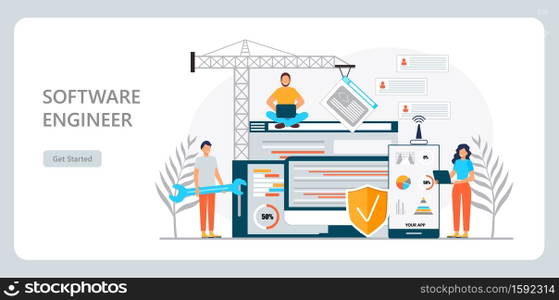 Web developer concept vector for landing page. Programmer constructs website using crane and writes code. Software engineer working in digital or AI technology. Software development in IT company.. Web developer concept vector for landing page. Programmer constructs website using crane and writes code. Software engineer working in digital or AI technology. Software development